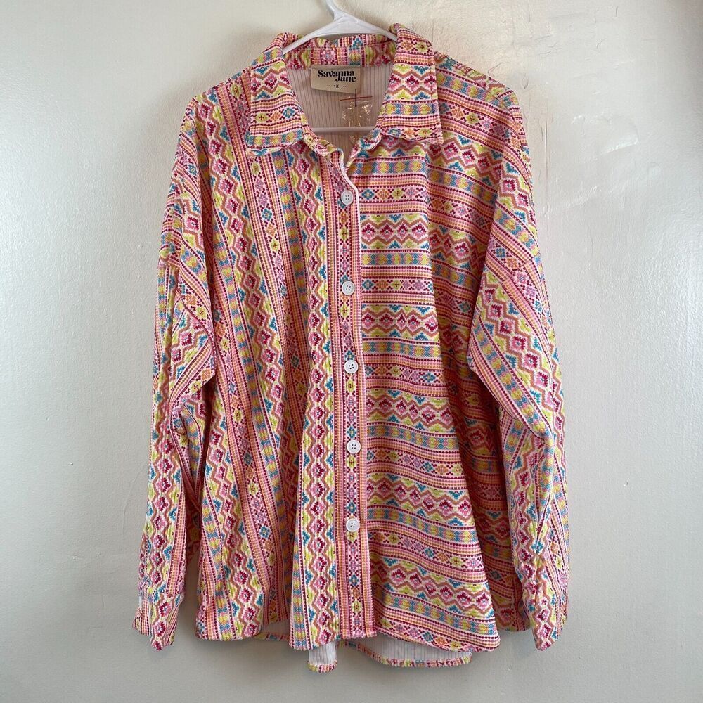 Savanna Jane Womens Aztec Geometric  Long Sleeve Button Up Pink 1X